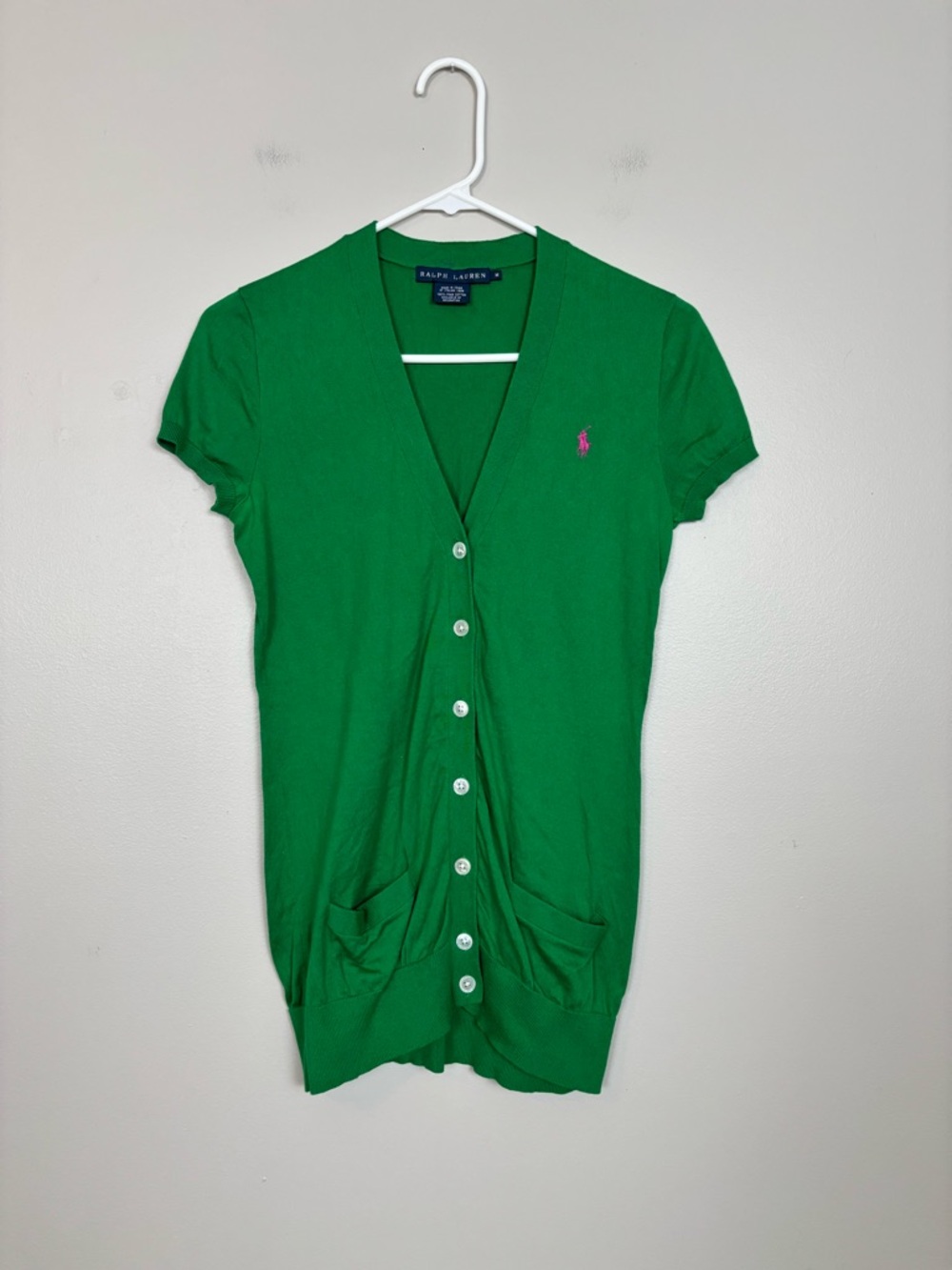 Ralph Lauren Short Sleeve V-Neck Button Front Cardigan Pima Cotton Knit M Green